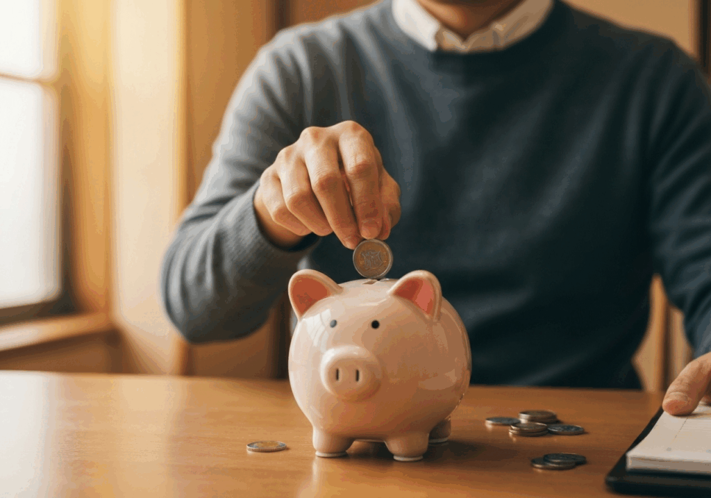 豚の貯金箱にお金を入れるビジネスマン