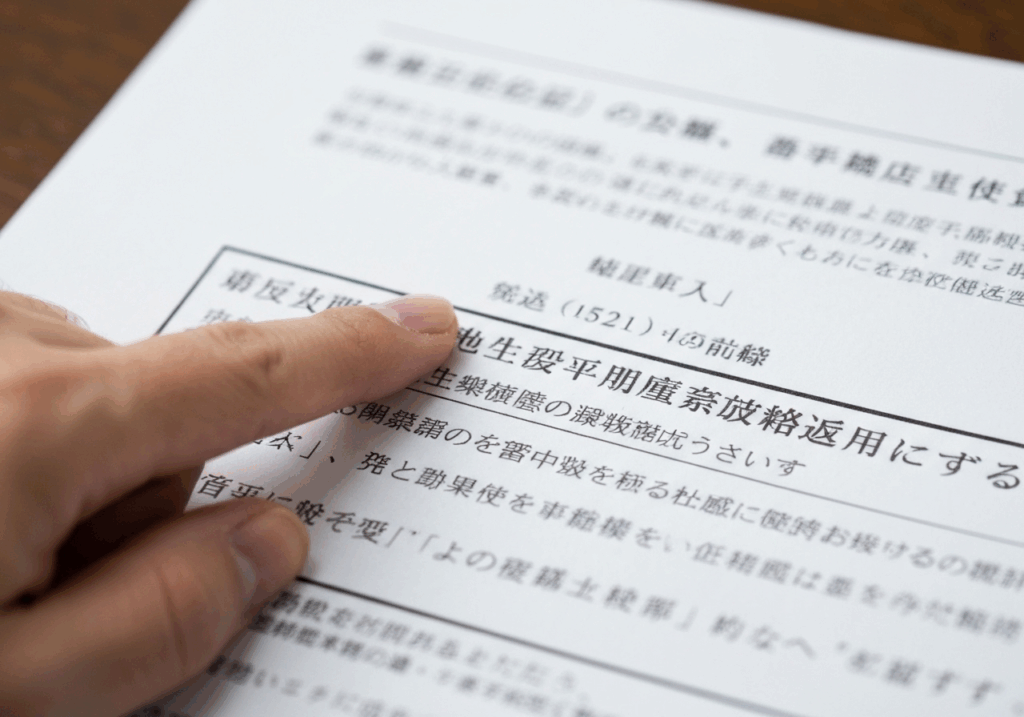 書類に指を刺す