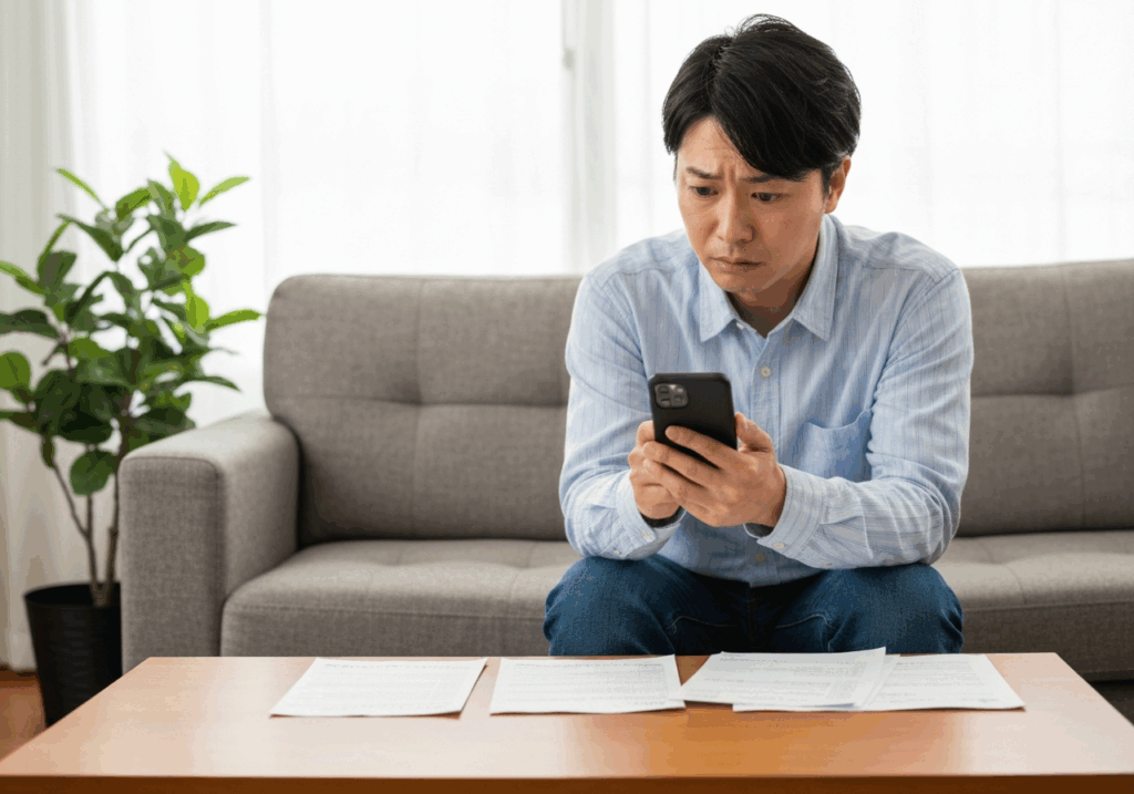 スマホを見ながら悩む男性