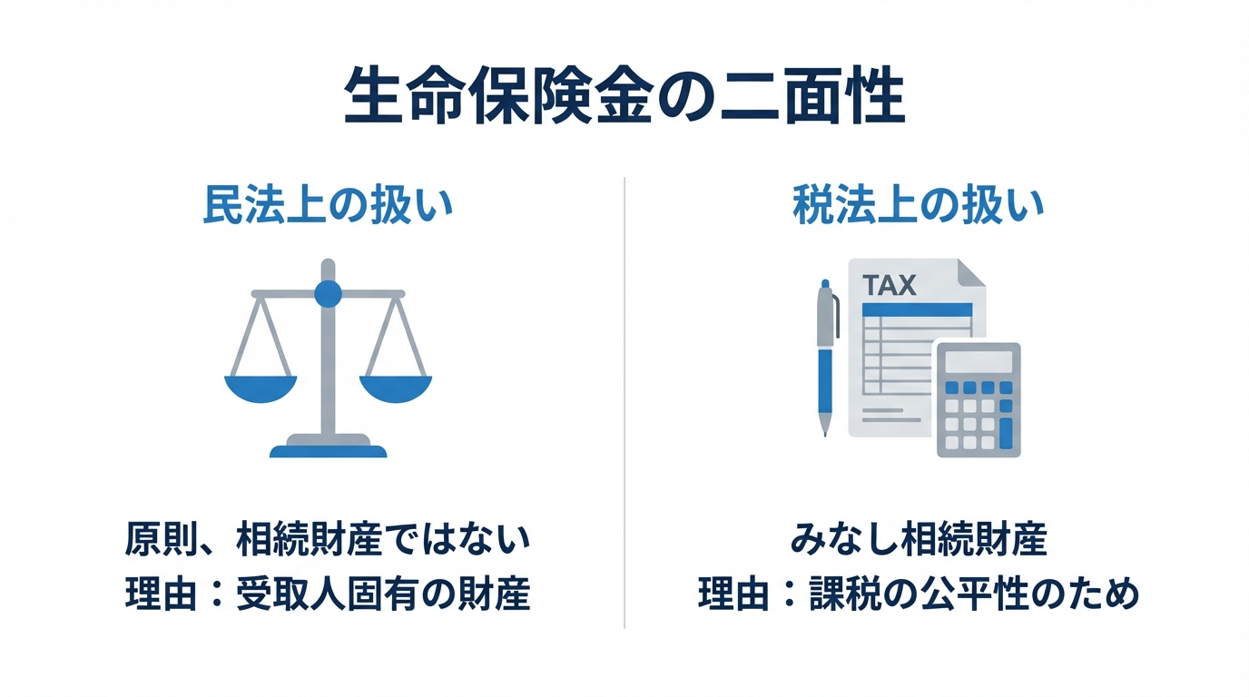 生命保険金の民法上と税法上の扱いの違いを比較する図解。民法では相続財産ではないが、税法ではみなし相続財産となることを示している。