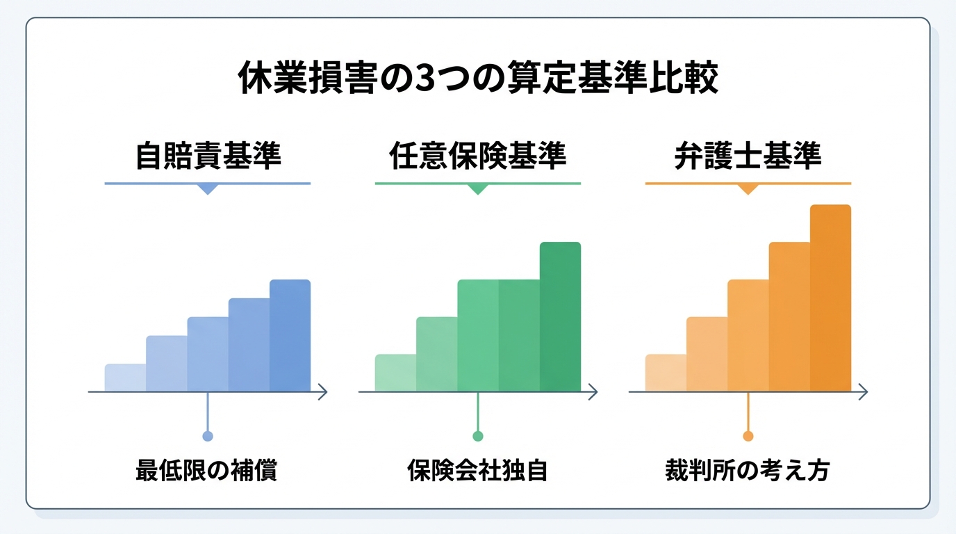 休業損害の3つの算定基準(自賠責基準・任意保険基準・弁護士基準)の金額の違いを示す図解