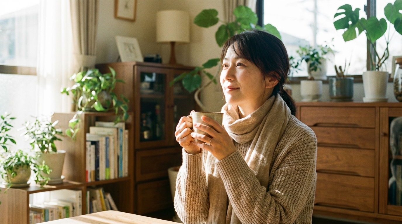 借金問題が解決に向かい、自宅で安心した表情を浮かべる女性