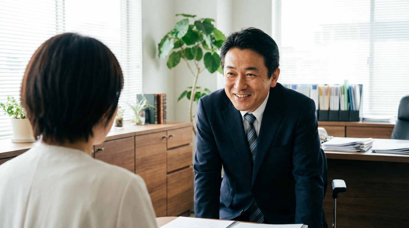 法律事務所で弁護士が親身に相談者の話を聞いている様子