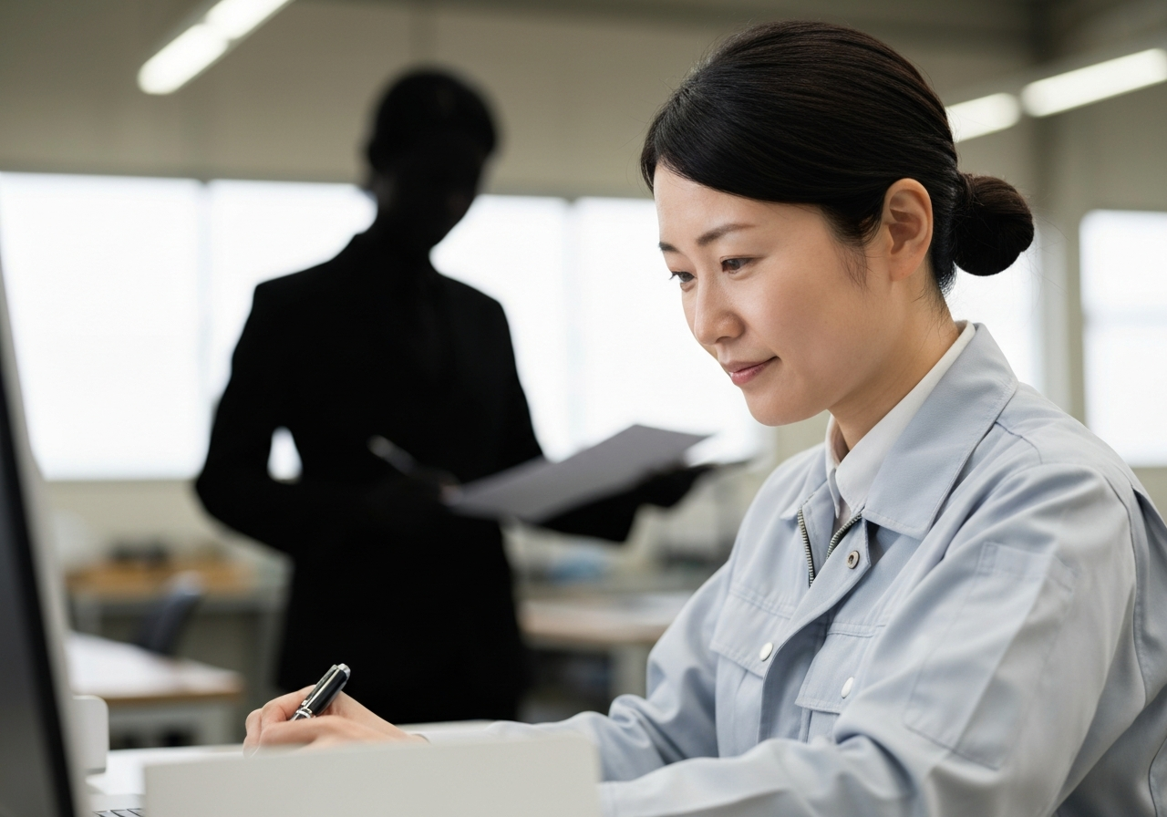 作業着で仕事をする女性