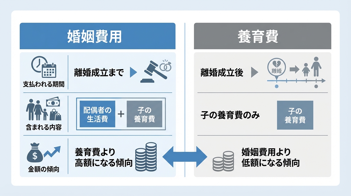 婚姻費用と養育費の違いを比較した図解。婚姻費用は離婚前までで配偶者の生活費も含むのに対し、養育費は離婚後で子の養育費のみであることを示している。