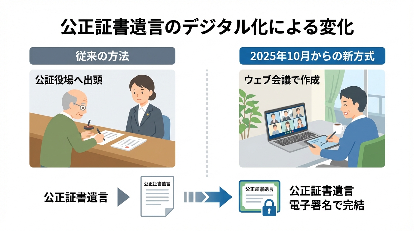 公正証書遺言のデジタル化による変化を比較した図解。従来は公証役場への出頭が必要だったが、2025年からはウェブ会議や電子署名で作成可能になる。