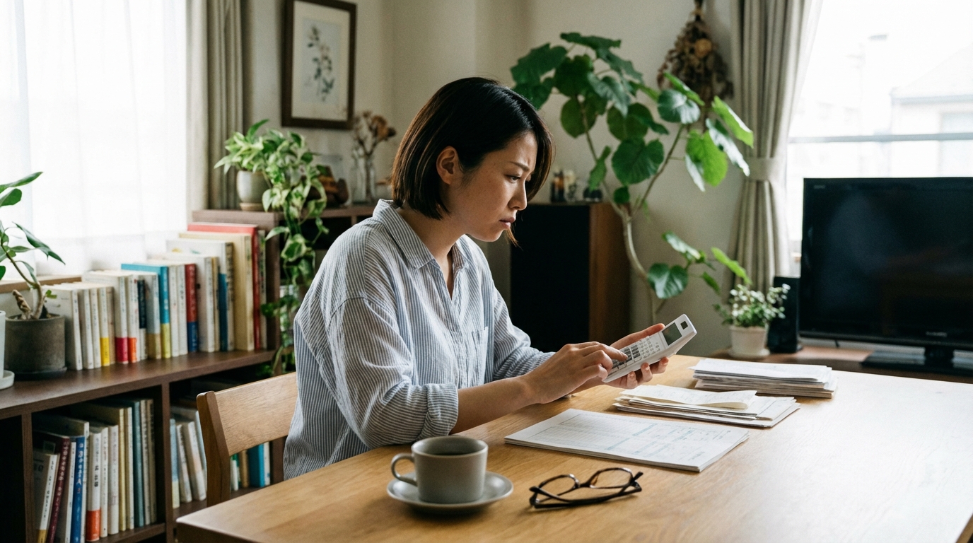 離婚後の生活設計のために家計簿と電卓で計算する女性