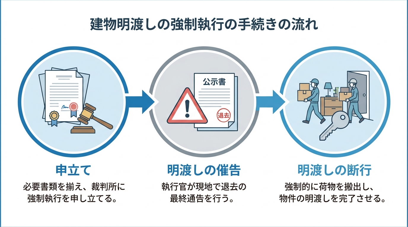 建物明渡しの強制執行手続きの流れを示した図解。「申立て」「明渡しの催告」「明渡しの断行」の3ステップがアイコンと共に描かれている。