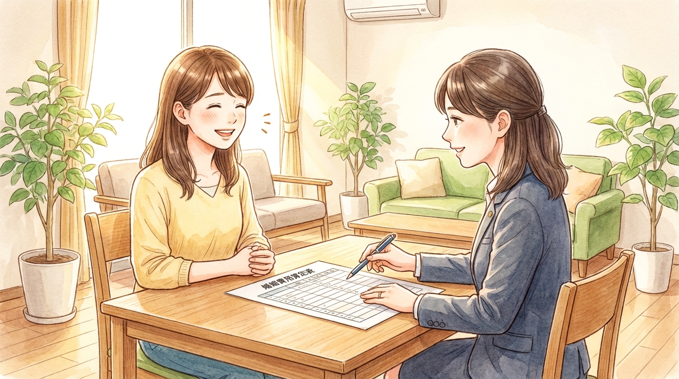 法律事務所で婚姻費用の算定表を見ながら弁護士に相談し、安心した表情を浮かべる女性。