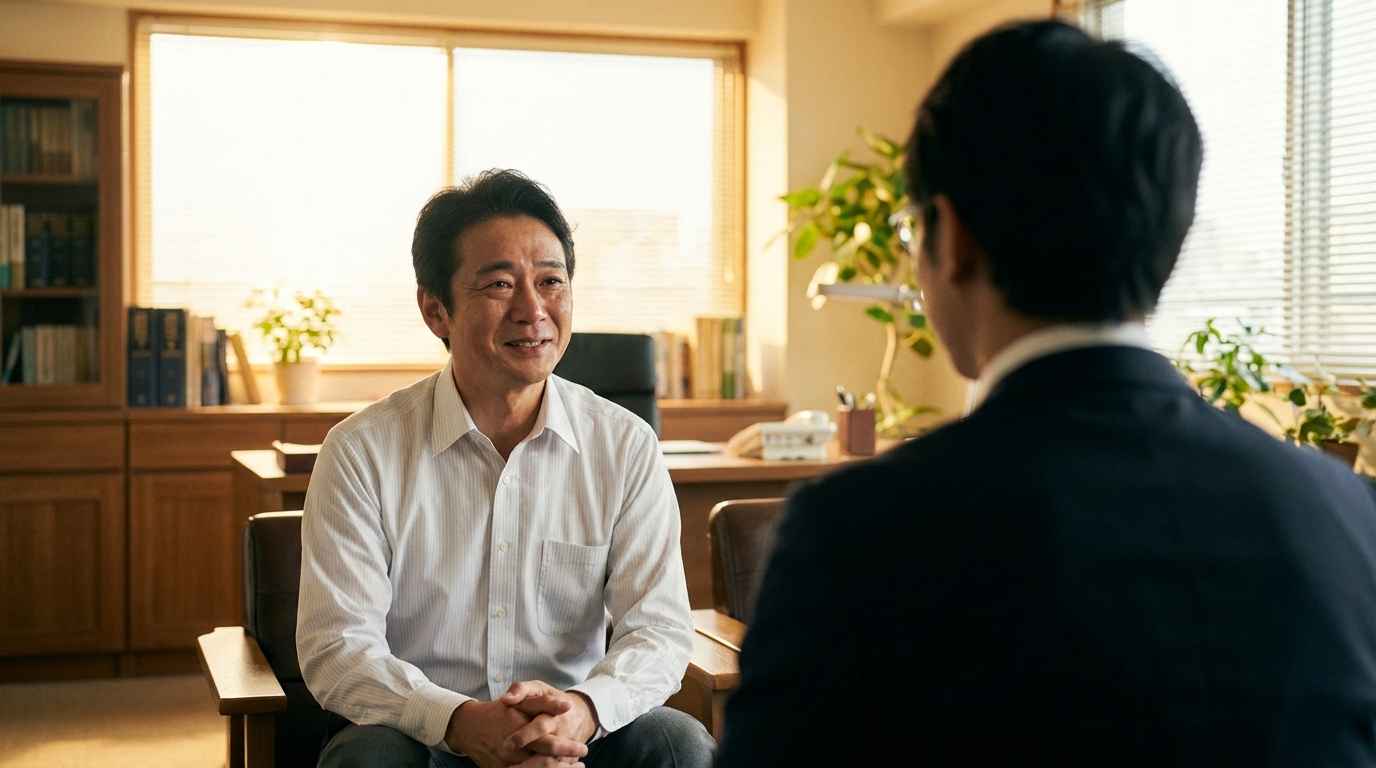 弁護士との相談を終え、安堵の表情を浮かべる相談者。借金問題解決への希望が見えたことを象徴している。