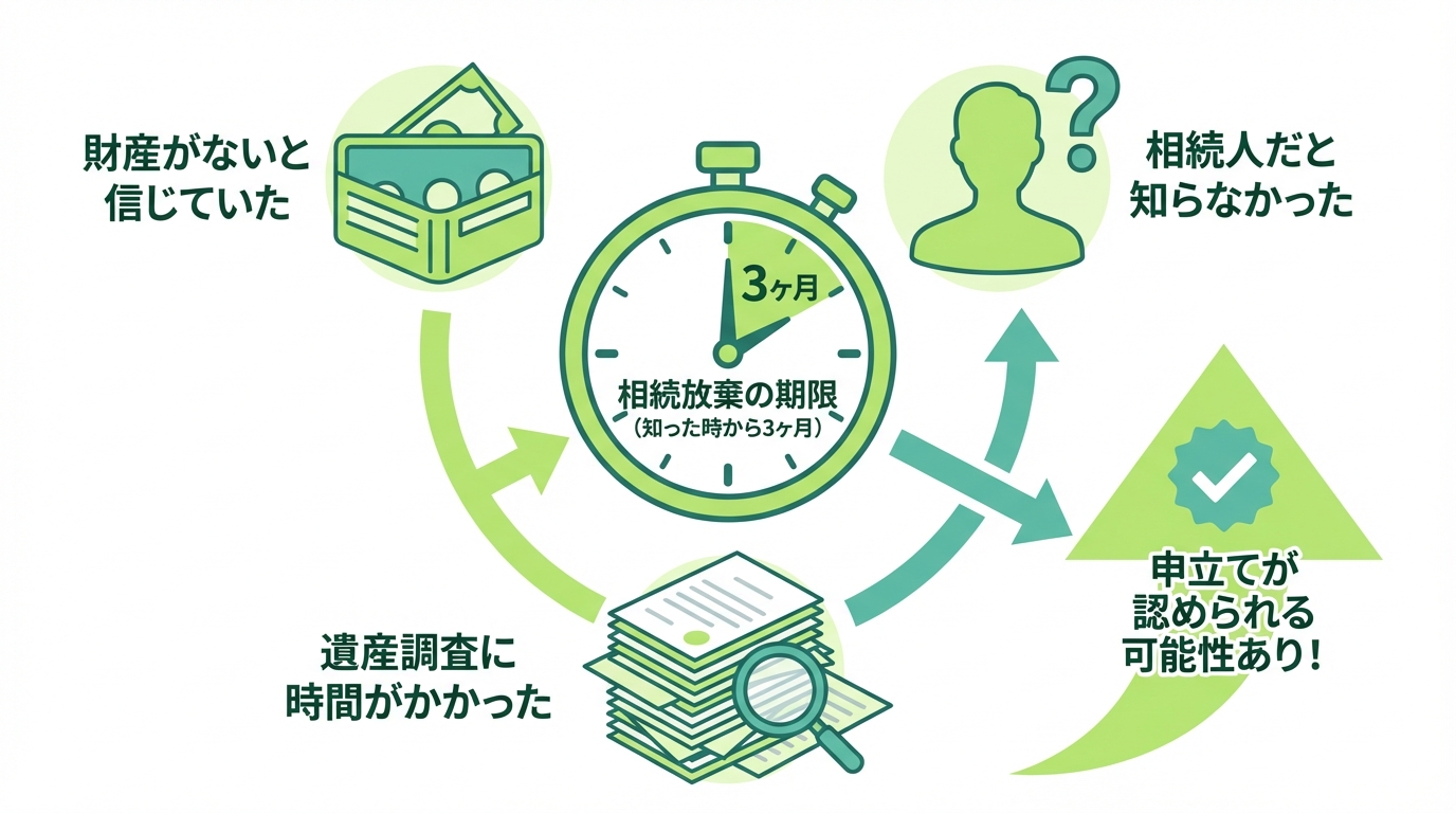 相続放棄の期限を過ぎても認められる可能性がある3つのケースを図解。財産がないと信じていた、相続人だと知らなかった、遺産調査に時間がかかった場合。