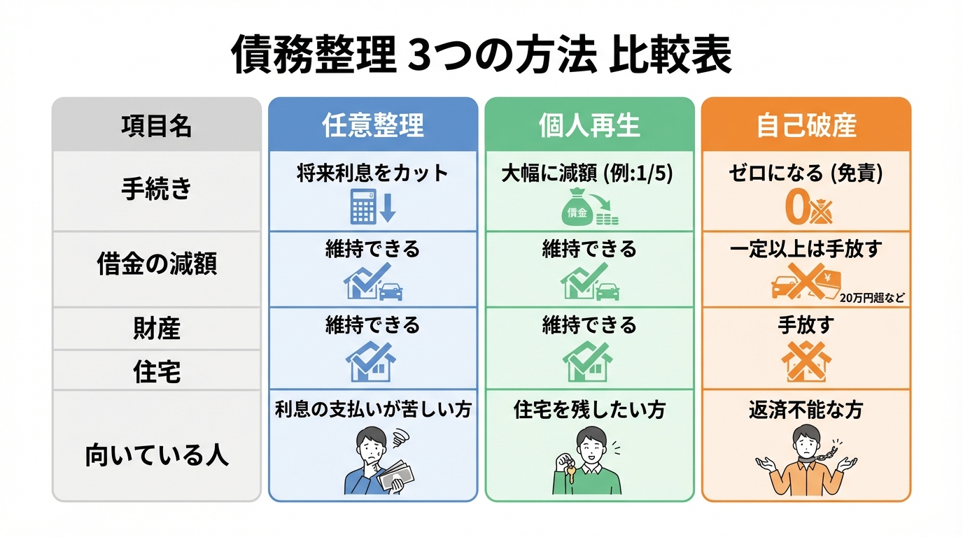 債務整理の3つの方法(任意整理・個人再生・自己破産)を比較する表。借金の減額幅、財産の扱い、住宅の維持、向いている人の特徴がまとめられている。