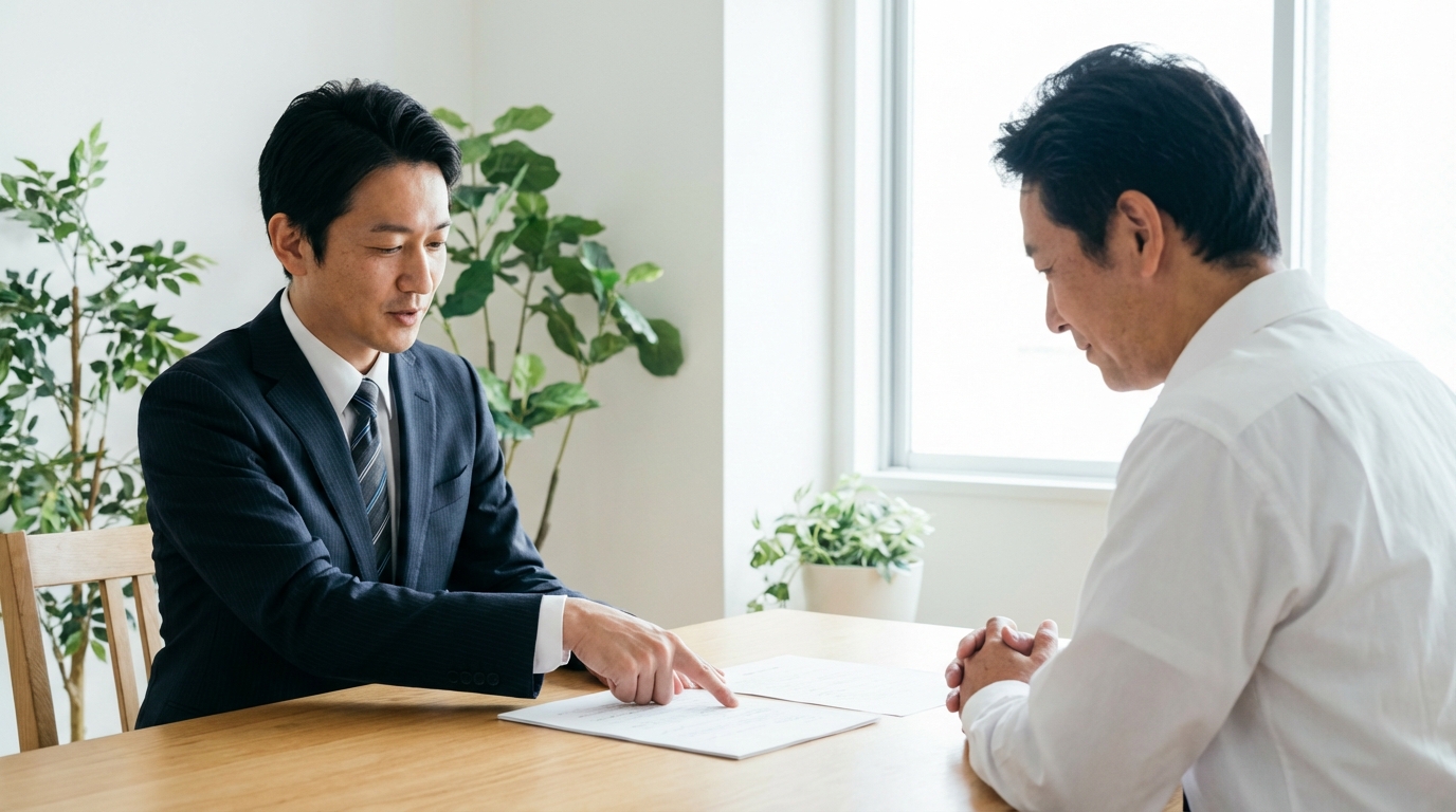 弁護士に相談する大家。法律事務所の相談室で、弁護士から説明を受け、少し安堵の表情を見せている。