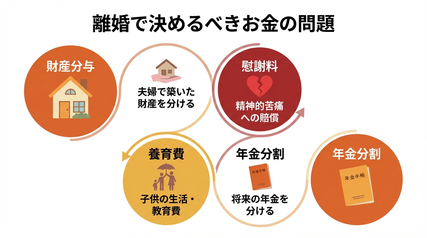 離婚時に決めるべきお金の問題「財産分与」「慰謝料」「養育費」「年金分割」の4つをまとめた図解