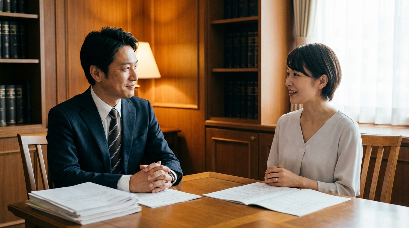 法律事務所で弁護士に離婚の相談をし、安心した表情を浮かべる女性