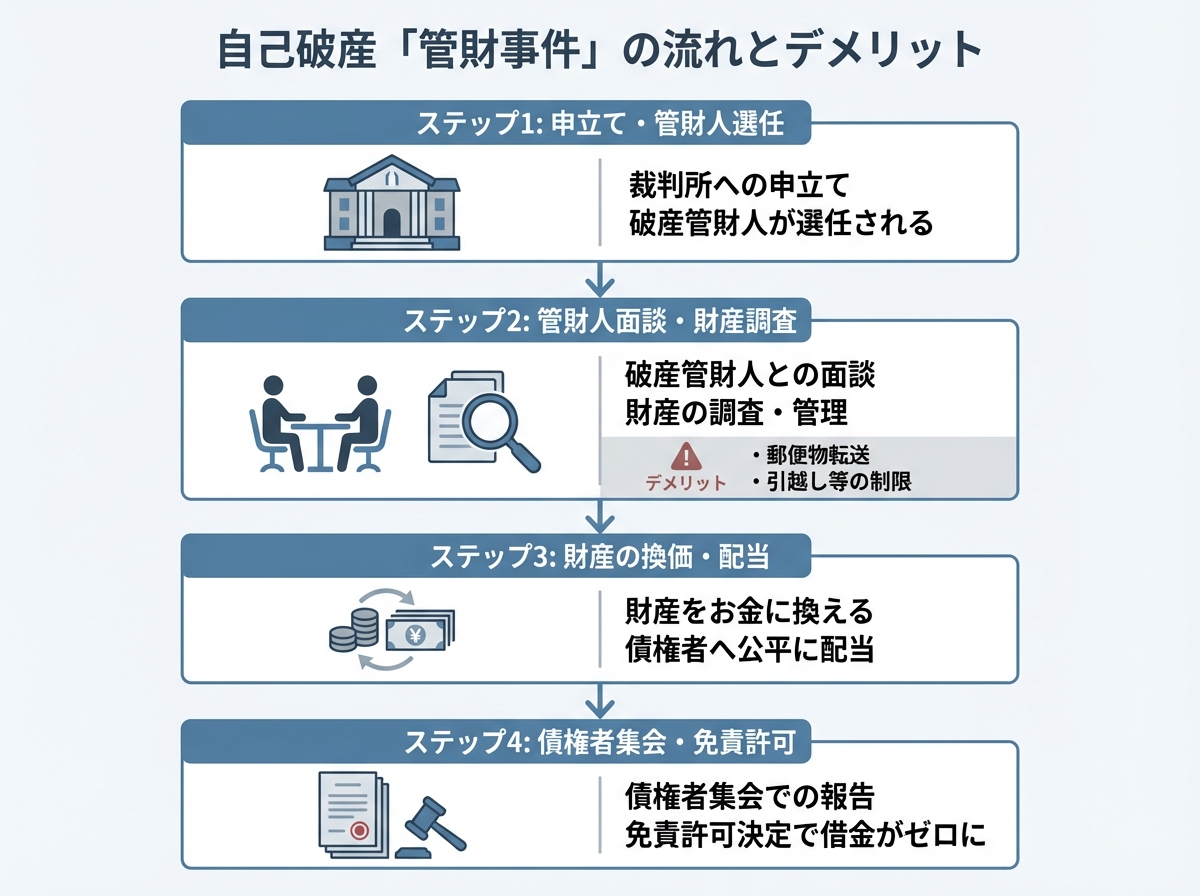 自己破産の管財事件の流れとデメリットを4ステップで解説した図解。申立てから免責許可決定までのプロセスと、郵便物転送などの注意点を示している。