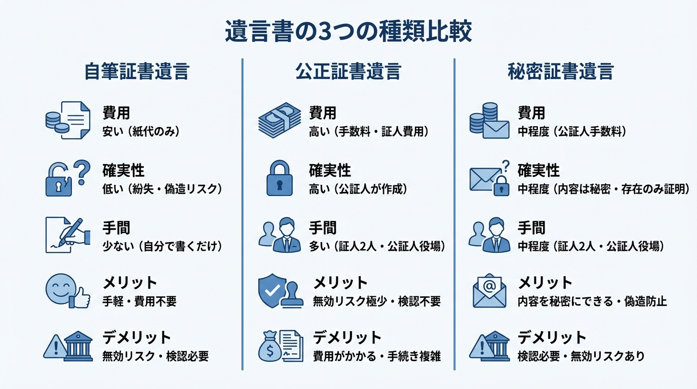 自筆証書遺言、公正証書遺言、秘密証書遺言の3種類を費用、確実性、手間の観点から比較した図解。