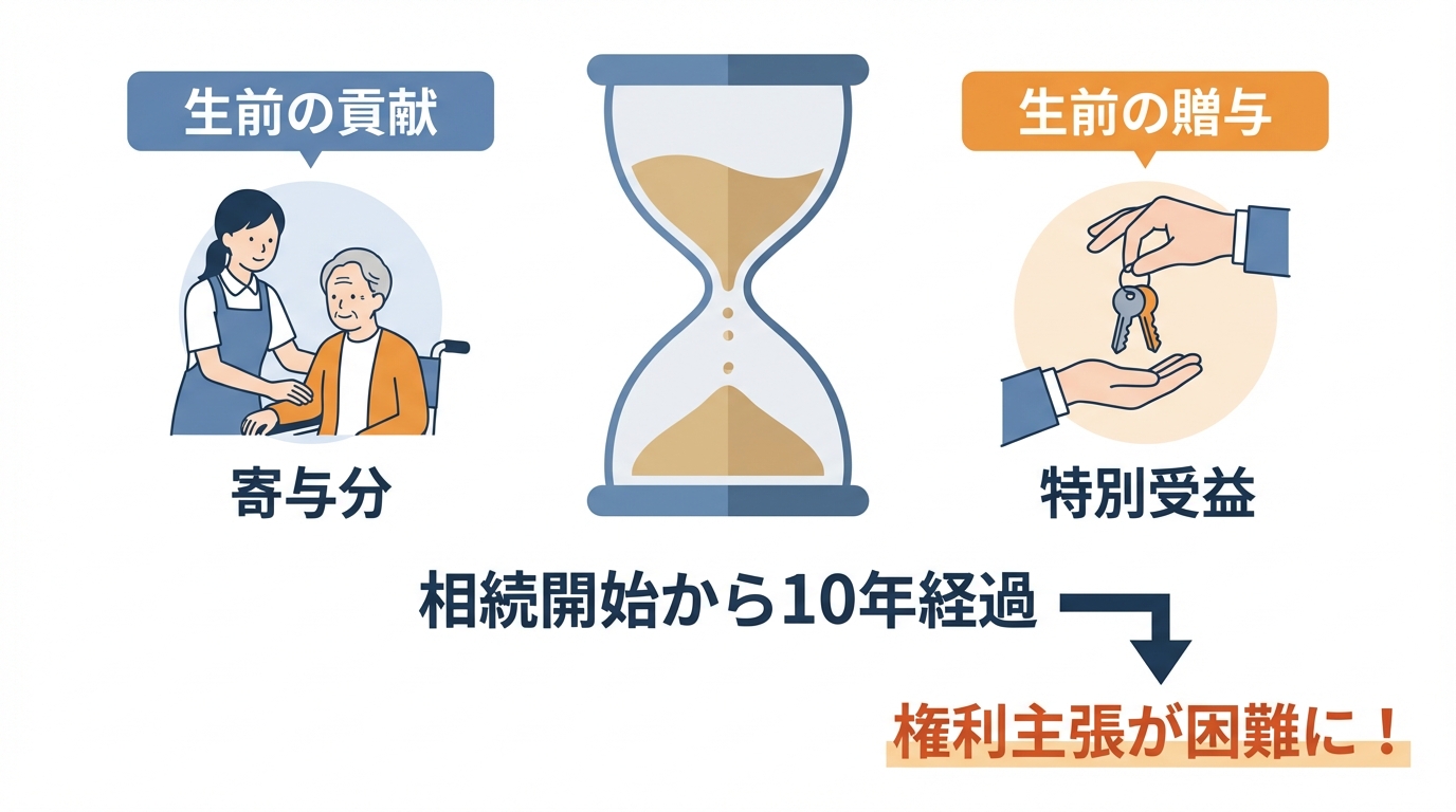 相続開始から10年というタイムリミットを過ぎると、介護などの貢献を主張する「寄与分」や、生前贈与の不公平を是正する「特別受益」の権利が失われることを示す図解。
