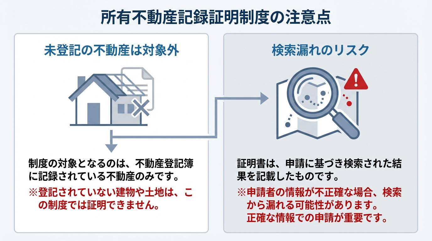 所有不動産記録証明制度の2つの主要な注意点を図解したインフォグラフィック。左側に「未登記不動産は対象外」、右側に「検索漏れのリスク」と記載されている。