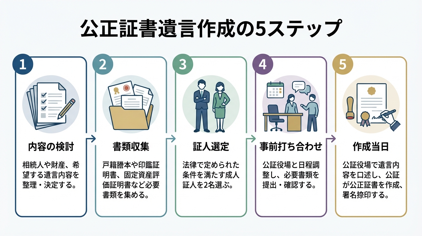 公正証書遺言を作成するための5つのステップ(内容の検討から作成当日まで)を順番に示したフローチャート。