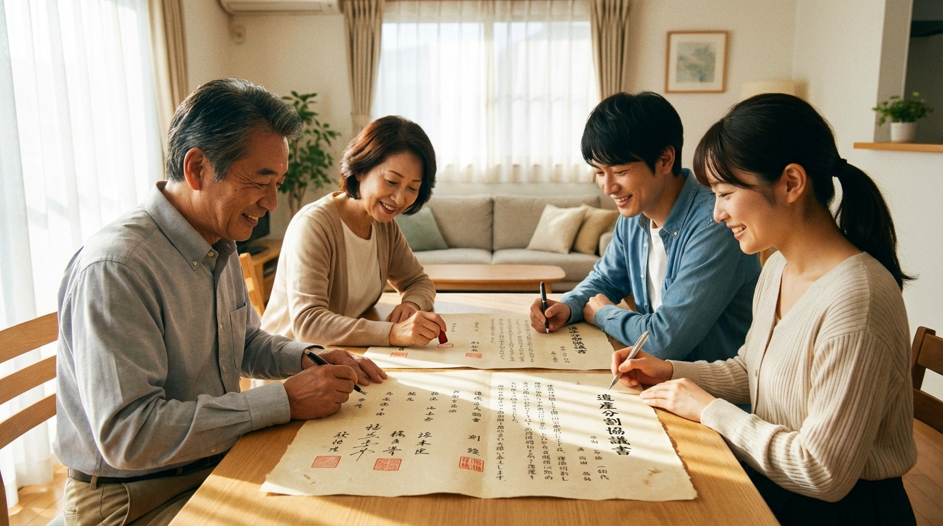 家族が円満に遺産分割協議を終え、遺産分割協議書に署名と押印をしている安心した様子のイラスト。