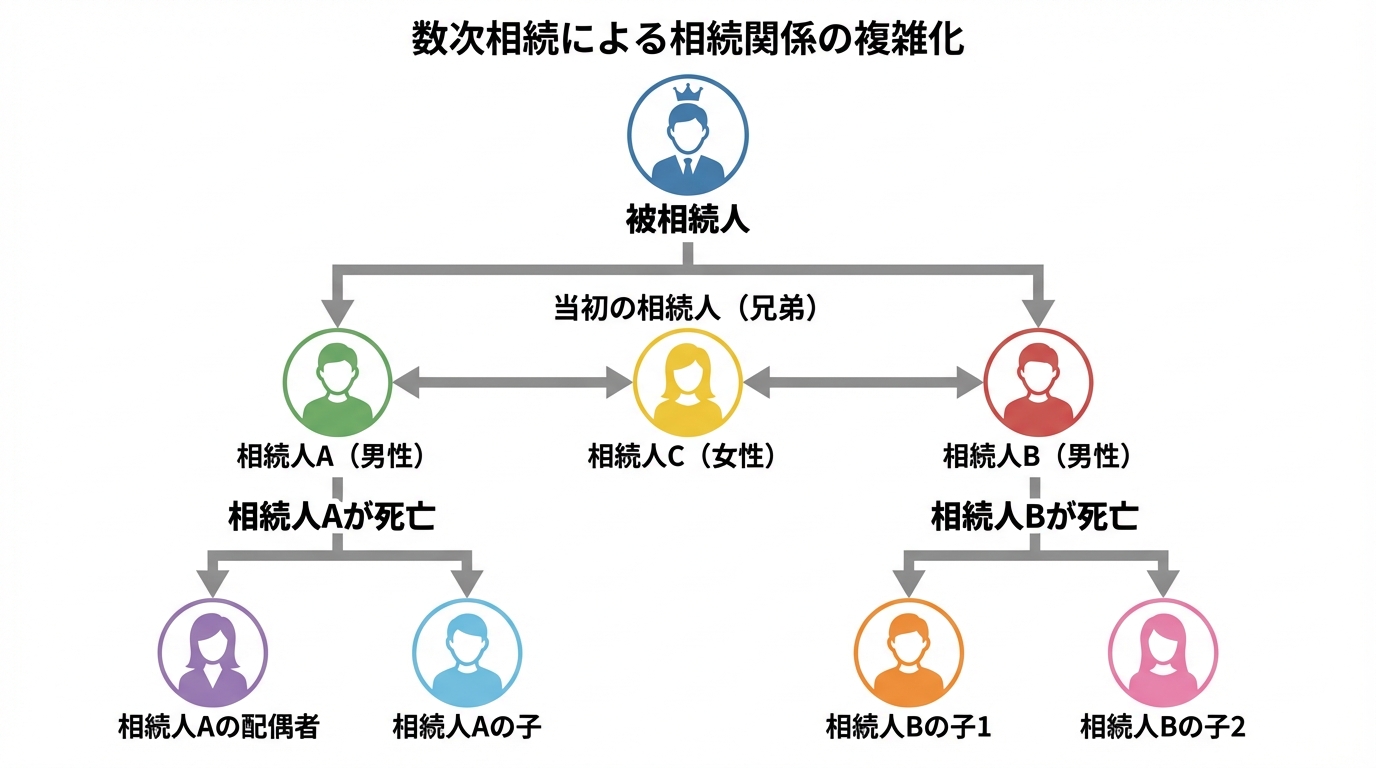 数次相続の仕組みを図解したインフォグラフィック。当初3人だった相続人が、相続人の死亡により、その配偶者や子供たちが新たに相続人となり、関係者がネズミ算式に増えていく様子を示している。