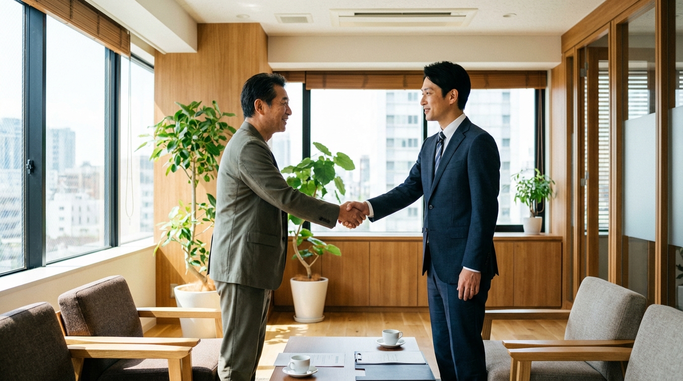 法律事務所で弁護士と握手し、安心した表情を浮かべる経営者。顧問弁護士による問題解決を表現。