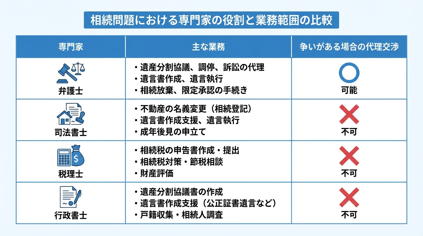 弁護士、司法書士、税理士、行政書士の相続における役割の違いを比較した表。争いがある場合に交渉代理ができるのは弁護士だけであることが示されている。