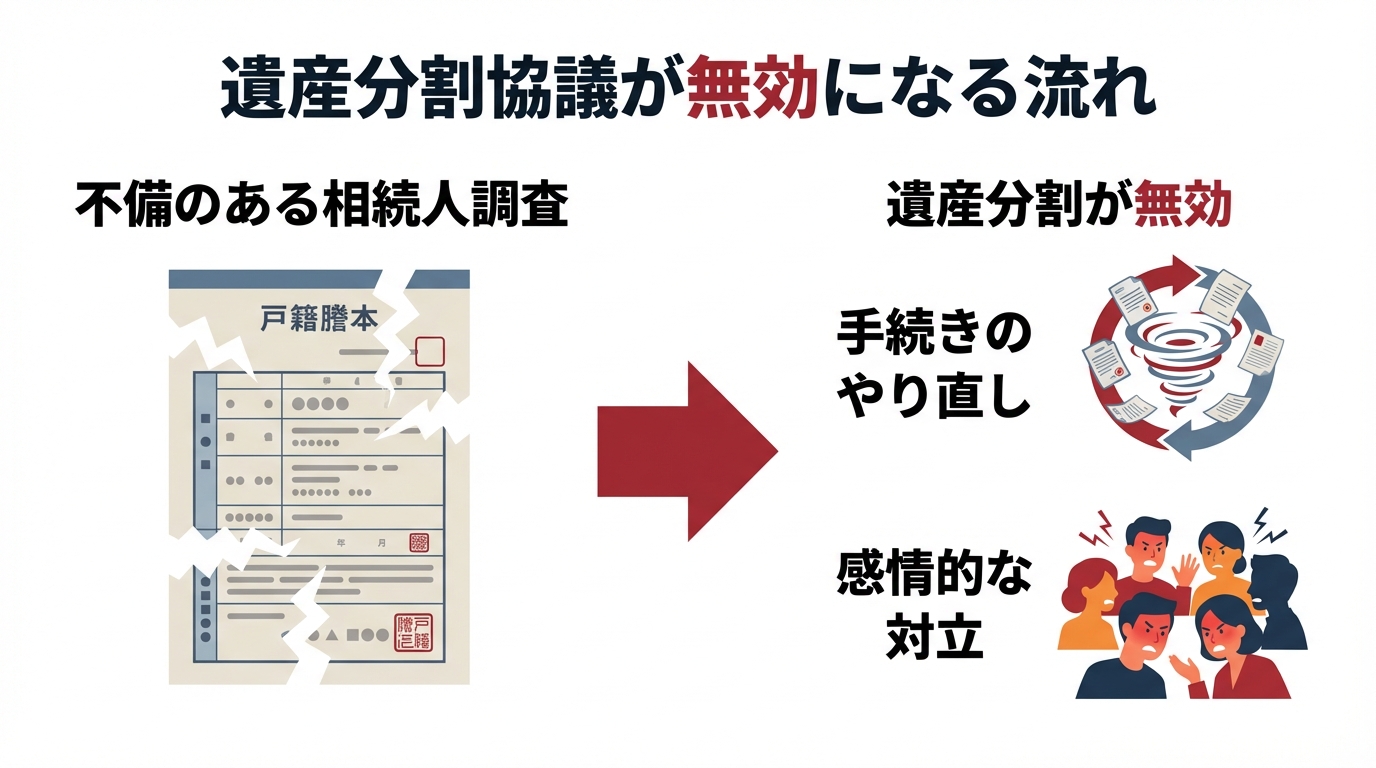 相続人調査の不備が原因で遺産分割協議が無効になり、手続きのやり直しや感情的な対立につながる流れを示した図解。
