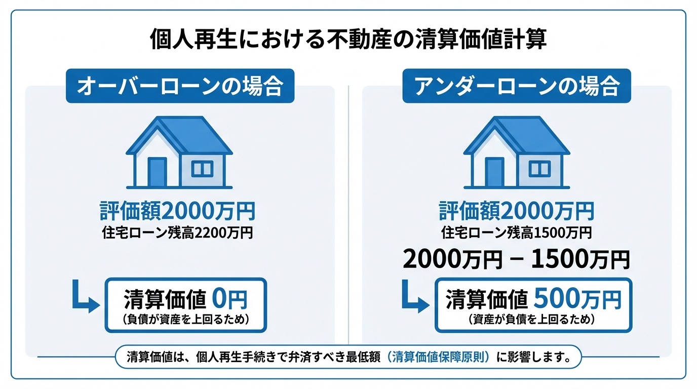 個人再生における不動産の清算価値計算の仕組みを図解。オーバーローン（住宅ローン残高が評価額を上回る）の場合は清算価値が0円、アンダーローン（評価額が住宅ローン残高を上回る）の場合はその差額が清算価値となることを示している。