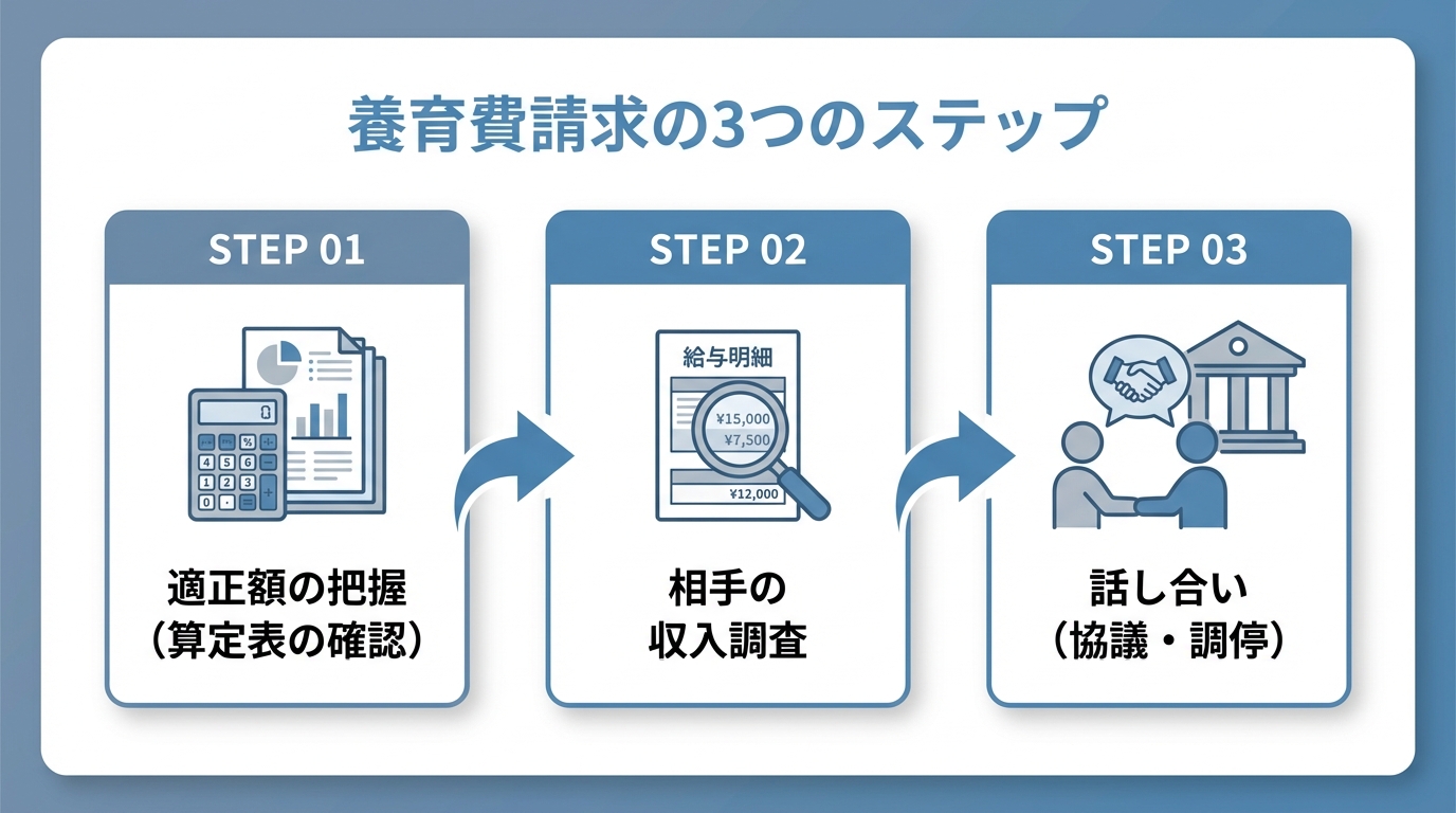 養育費請求の3つのステップを示した図解。ステップ1は算定表で適正額を把握、ステップ2は相手の収入調査、ステップ3は話し合い（協議・調停）という流れ。