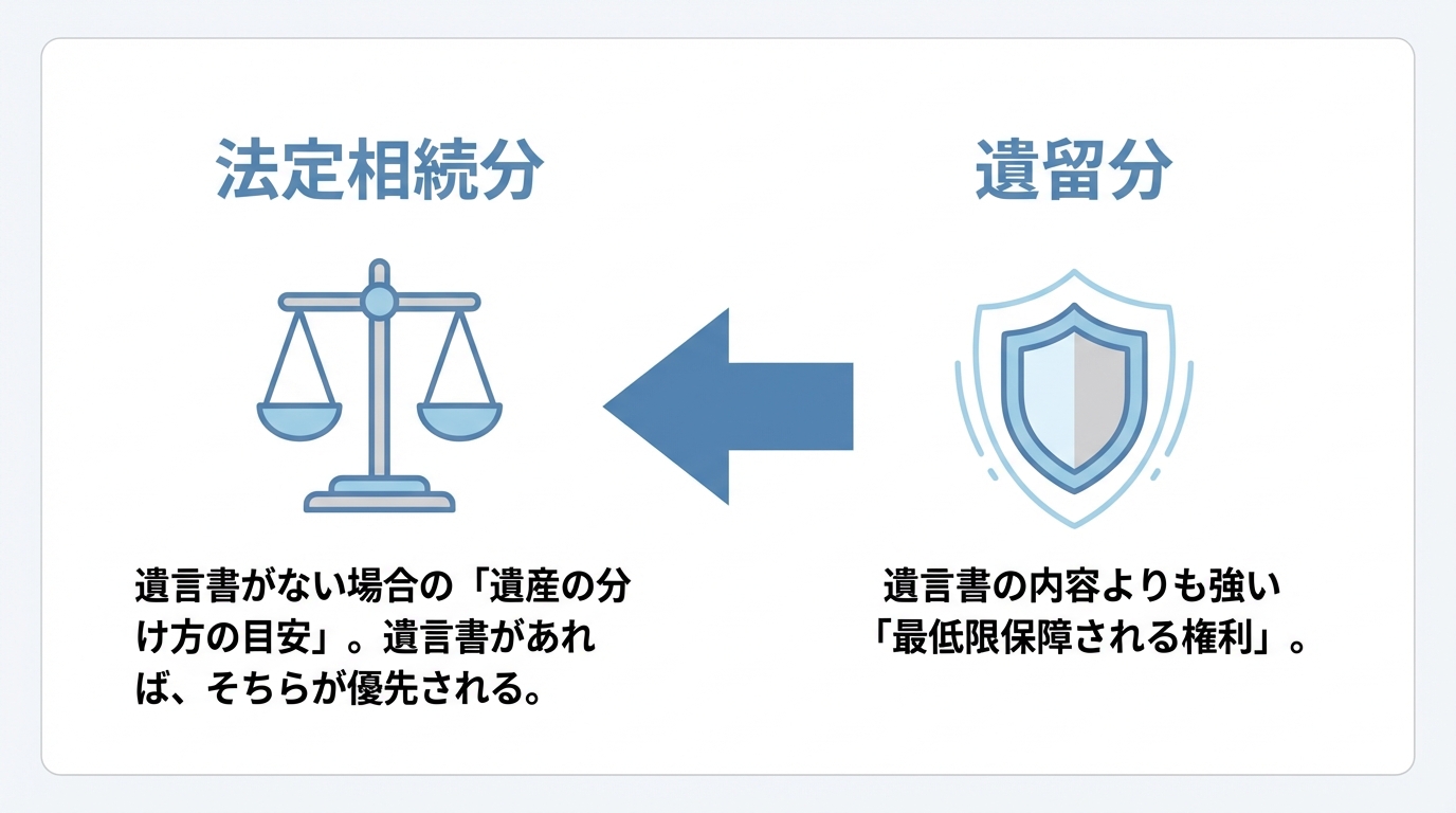 遺留分と法定相続分の違いを比較する図解。法定相続分は遺言がない場合の目安であり、遺留分は遺言よりも強い最低限の権利であることを示している。