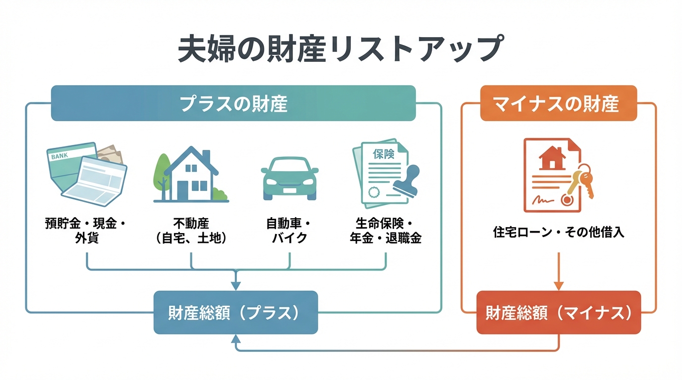財産分与の第一歩である、プラスの財産（預金、不動産、車、保険）とマイナスの財産（ローン）をリストアップする作業を示す図解。