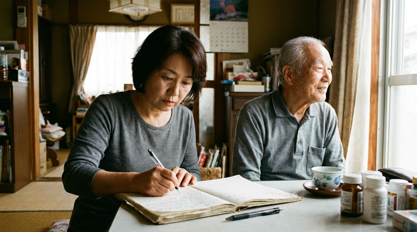 リビングで、娘が父親の様子を介護記録ノートに書き留めている。この記録が後遺障害の異議申立てで重要な証拠となることを示唆している。