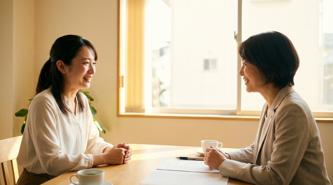 養育費の不払いに悩んでいた母親が、弁護士に相談して安心した表情を浮かべている様子。