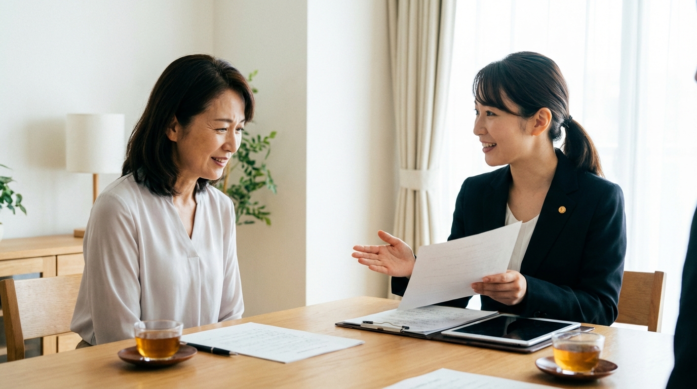 法律事務所で弁護士に財産分与の相談をする女性。専門家のアドバイスを受け、不安が解消されつつある様子。