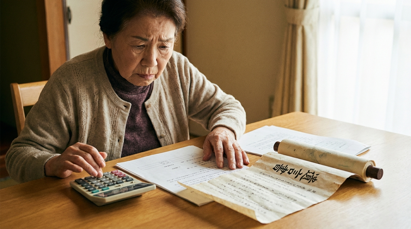 遺言書と電卓を前に、自身の遺留分を計算している様子の女性。相続問題の複雑さと真剣に向き合う姿を表している。