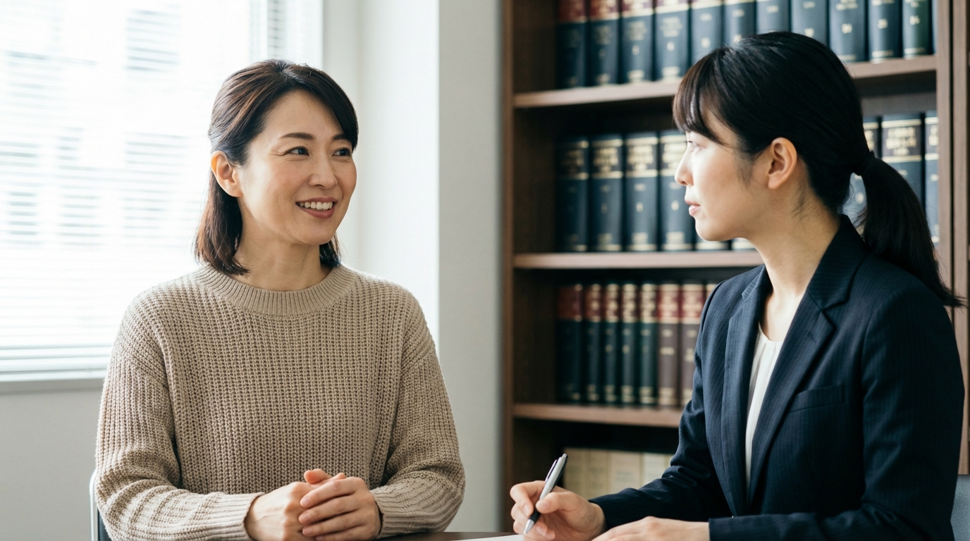 法律事務所で弁護士に相談し、安堵の表情を浮かべる女性。単独親権を主張するための準備についてアドバイスを受けている。