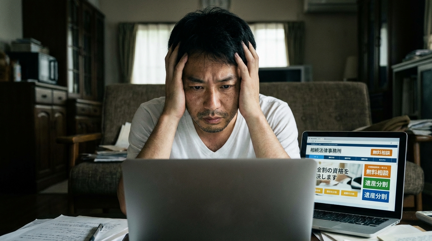 遺産相続の問題で悩み、パソコンで法律事務所のサイトを見ながら頭を抱える男性。一人で問題を抱えることの精神的負担を示している。