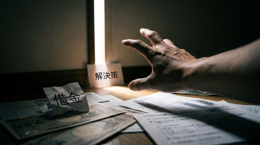 A hand reaches toward a desk cluttered with cash and papers; a crumpled note reads '借金' (debt) and a card says '解決策' (solution).