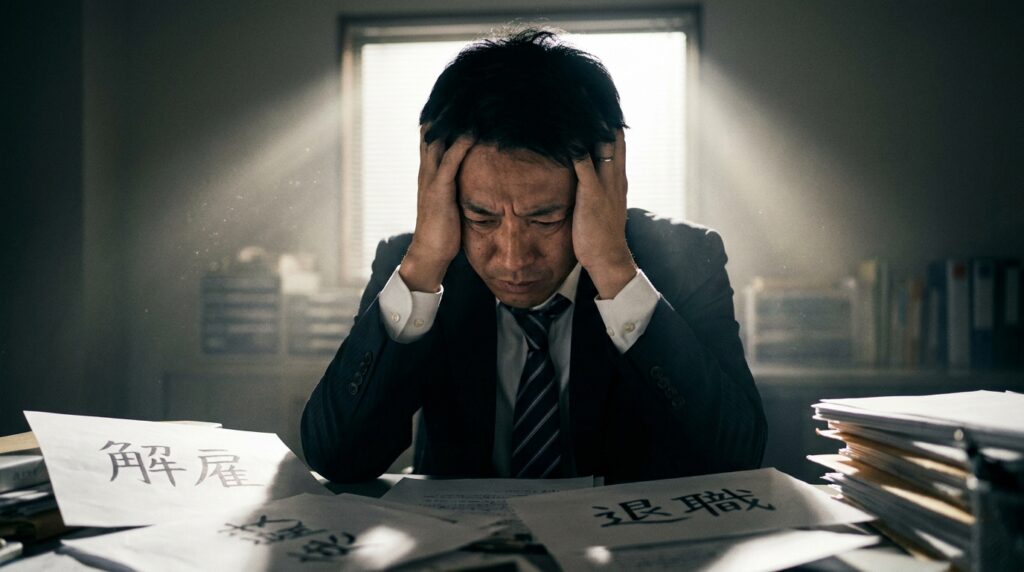 An anxious businessman in a dark office holds his head in his hands at his desk, with papers showing kanji for 'dismissal' and 'resignation'.