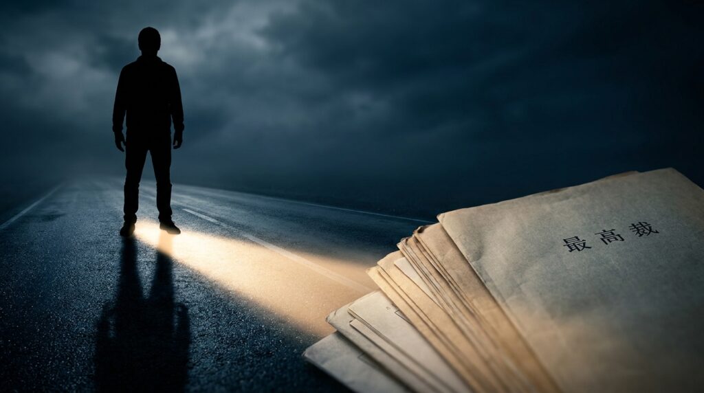 Silhouette of a person on a dark, wet road at night, a beam of light toward a stack of papers labeled '最高裁' (Supreme Court).
