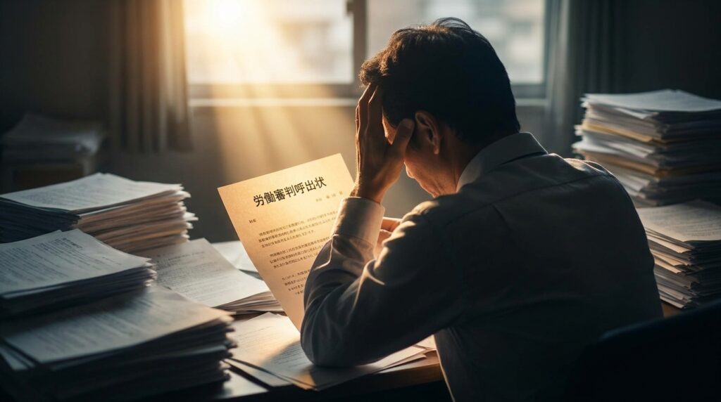 Overwhelmed man sits at a cluttered desk, head in hands, reading a document as sunlight streams through a window.