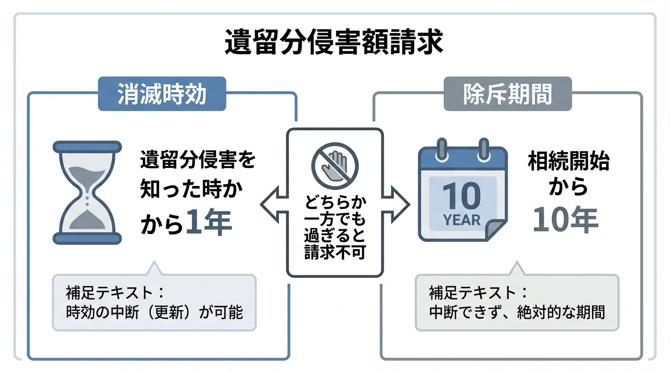 遺留分侵害額請求の時効である「消滅時効（知った時から1年）」と「除斥期間（相続開始から10年）」の違いを比較した図解。どちらか一方でも過ぎると請求できなくなる。