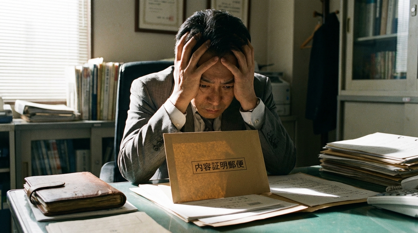 残業代請求の内容証明郵便を受け取り、深刻な表情で頭を抱える経営者