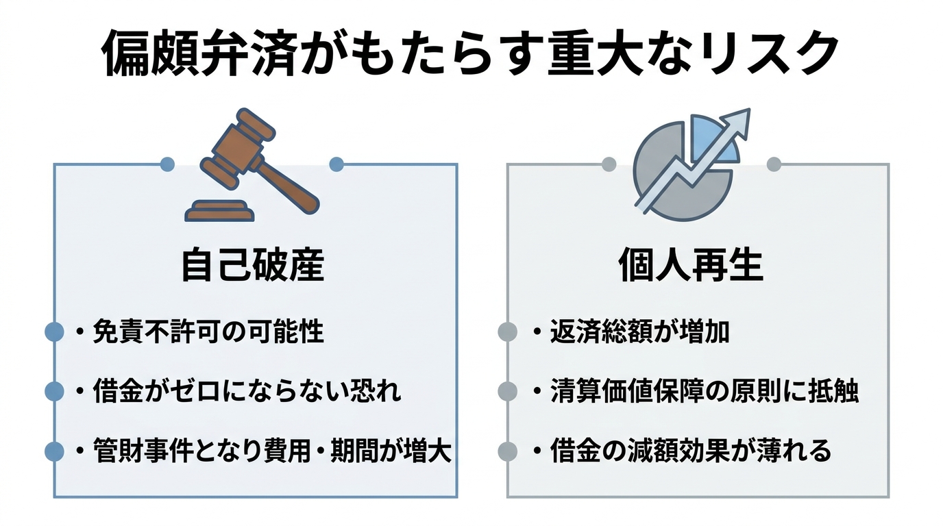 自己破産と個人再生における偏頗弁済のリスクを比較した図解。自己破産では免責不許可の可能性、個人再生では返済総額が増加する可能性を示している。