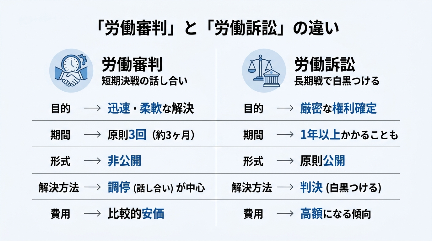 労働審判と労働訴訟の違いを比較した図解。期間、形式、解決方法などの項目で、両者の特徴を分かりやすく解説しています。