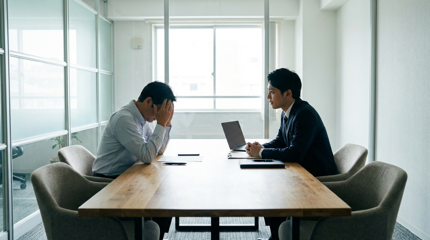 法律事務所で弁護士に相続の相談をする男性。生前の贈与について不安な表情で話している。