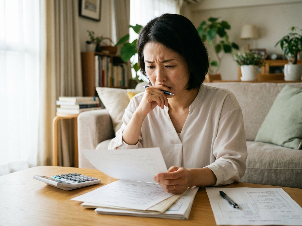 遺留分の計算方法について悩んでいる女性。電卓と書類を前に難しい表情を浮かべている。