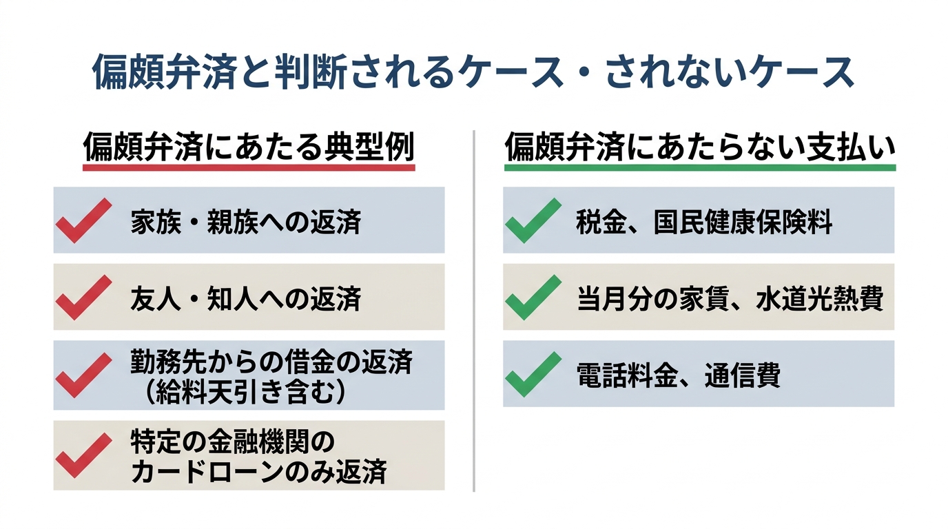 偏頗弁済にあたるケースとあたらないケースを比較するリスト。家族や友人への返済は偏頗弁済にあたるが、税金や家賃の支払いはあたらないことを示している。